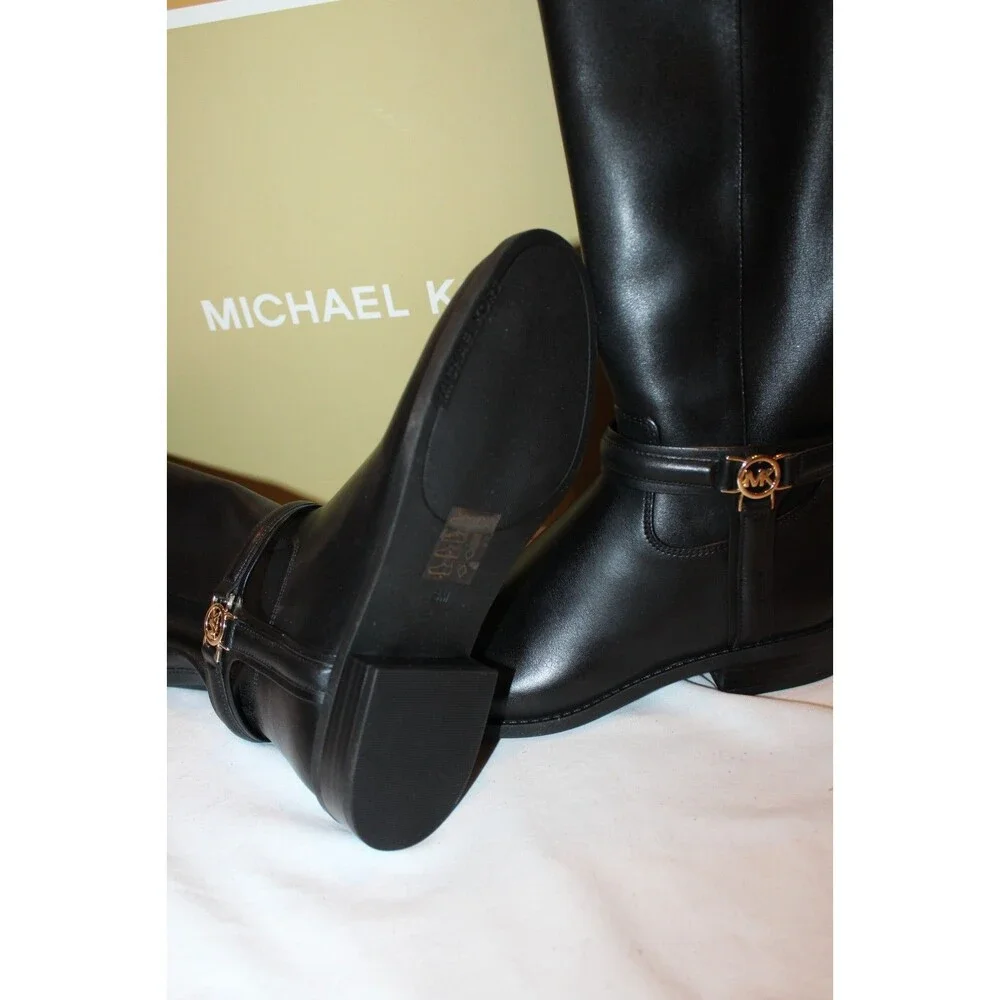 $375 Michael Kors Women's Mindy Flat Leather Tall Black Boots 5 W